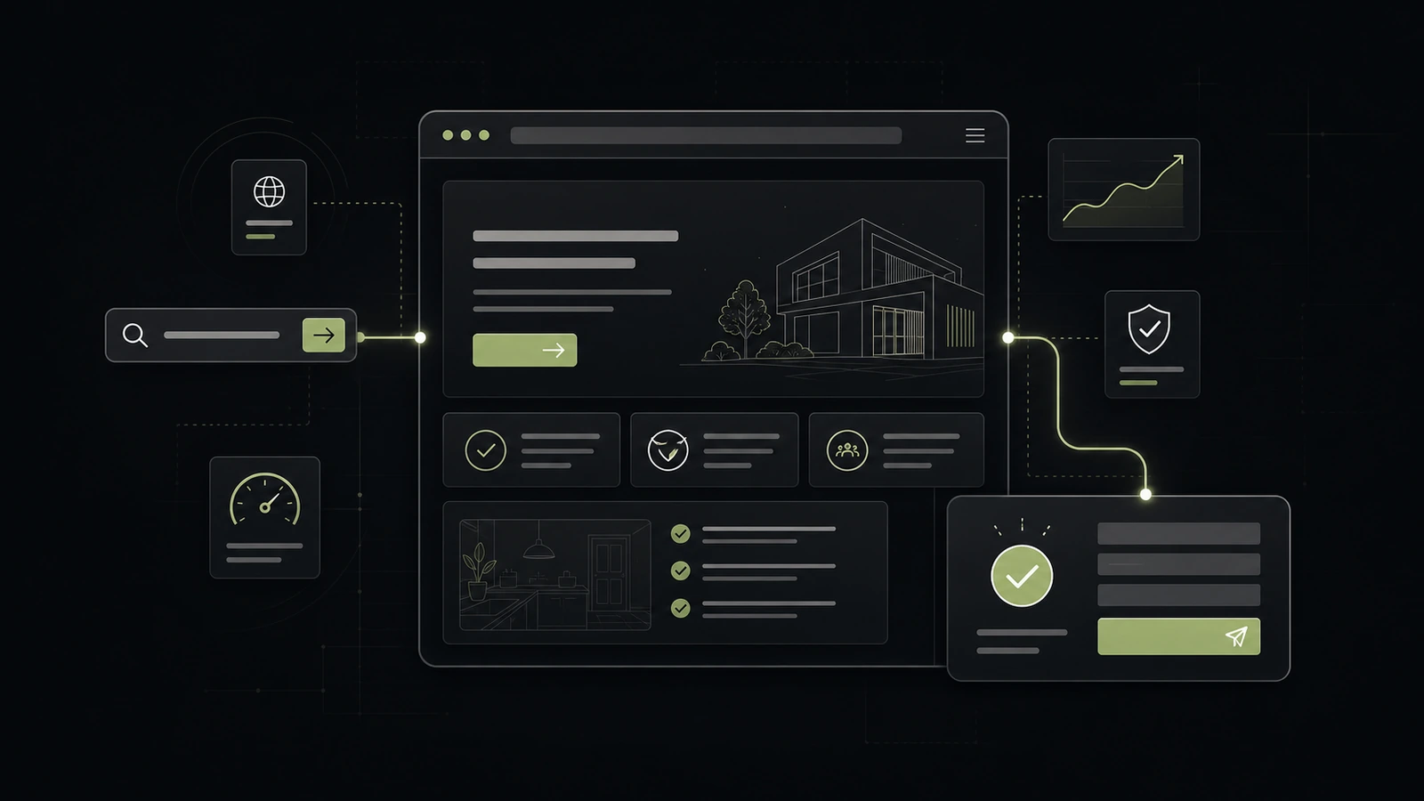 Illustration: Website-Dashboard mit Suchleiste, Wachstumskurve, Sicherheits- und Bestätigungs-Elementen